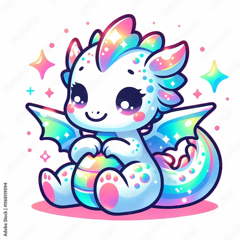 Cute Holographic Dragon on White Background Cute Holographic Dragon on White Background