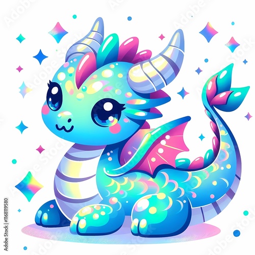 Cute Holographic Dragon on White Background