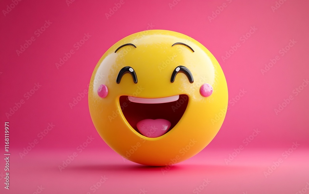 Fototapeta premium Yellow emoji with a big laughing face on a pink background.