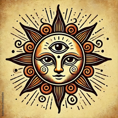 A sun with a big stylized forehead signifying wisdom and knowled photo