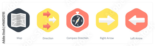 A set of 5 mix icons as map, direction, compass direction