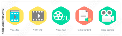A set of 5 mix icons as video file, video clip, video reel