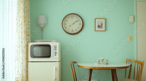 Retro Kitchen: A vintage kitchen with a mint green wall, a round wooden table, a vintage television, and a clock. This image evokes a sense of nostalgia and a simpler time.   photo