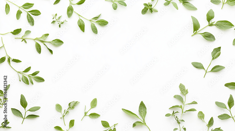 Green Sprigs Frame: A delicate, minimalist arrangement of green sprigs frames an empty space, perfect for adding a touch of nature to your design projects. The sprigs create a natural border. Green Sprigs Frame: A delicate, minimalist arrangement of green sprigs frames an empty space, perfect for adding a touch of nature to your design projects. The sprigs create a natural border.