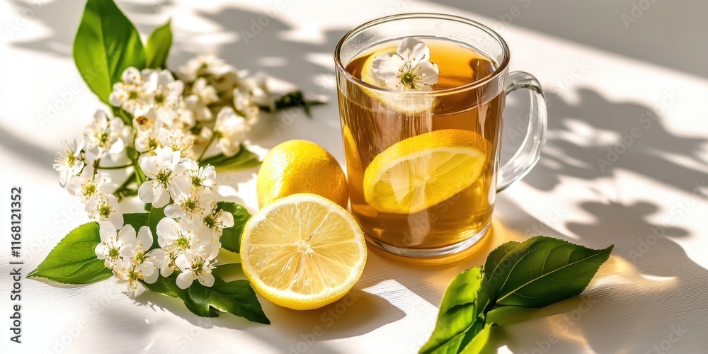 Refreshing lemon drink, glass cup, ice cubes, fresh lemon slices, white flowers, green leaves, bright sunlight, shadows, wooden table, vibrant yellow, crisp white, soft focus, high-resolution, food ph Refreshing lemon drink, glass cup, ice cubes, fresh lemon slices, white flowers, green leaves, bright sunlight, shadows, wooden table, vibrant yellow, crisp white, soft focus, high-resolution, food ph