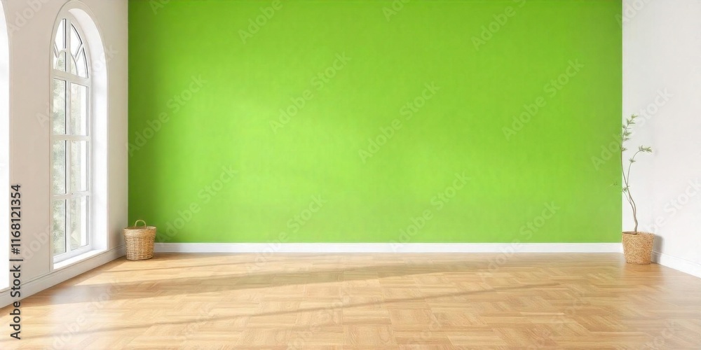 An empty room with a green wall and wooden floor. room is illuminated by sunlight coming through a window, provides a serene and inviting backdrop for a variety of interior design An empty room with a green wall and wooden floor. room is illuminated by sunlight coming through a window, provides a serene and inviting backdrop for a variety of interior design