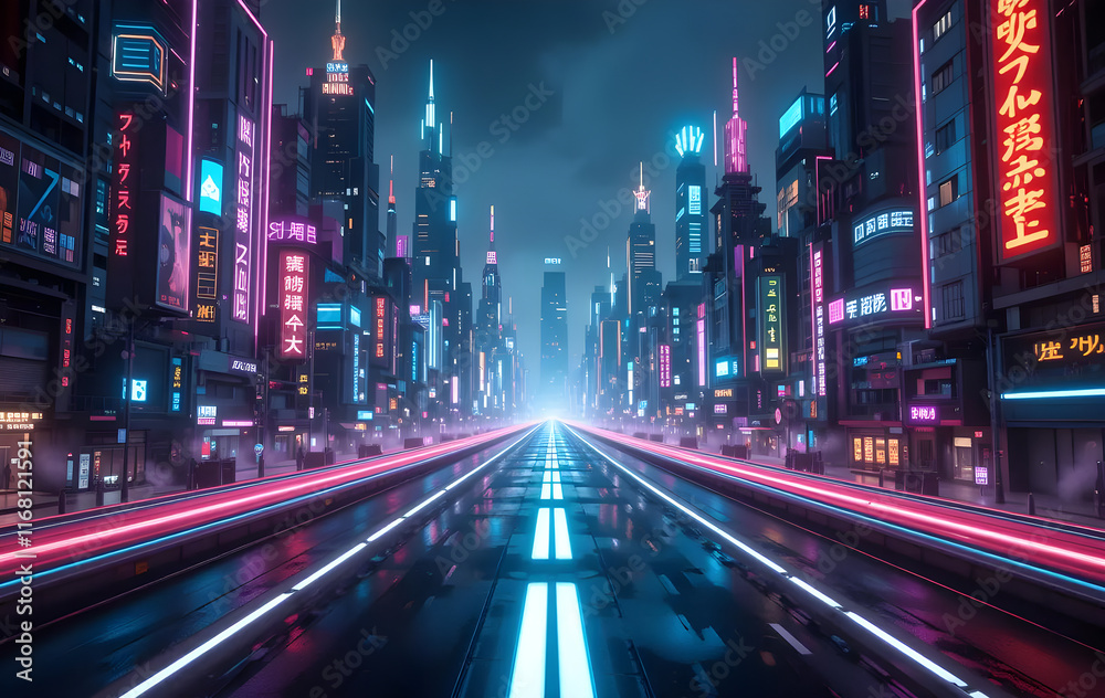 Fototapeta premium A lighted road night colourful environment luxury city 
