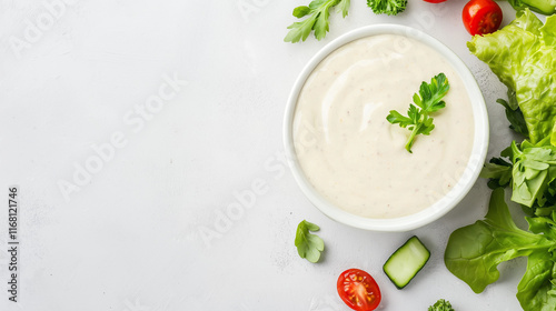 Creamy Ranch Dressing with Fresh Veggies:  A bowl of creamy ranch dressing sits on a white background, surrounded by fresh, vibrant vegetables. This image is perfect for illustrating healthy eating.