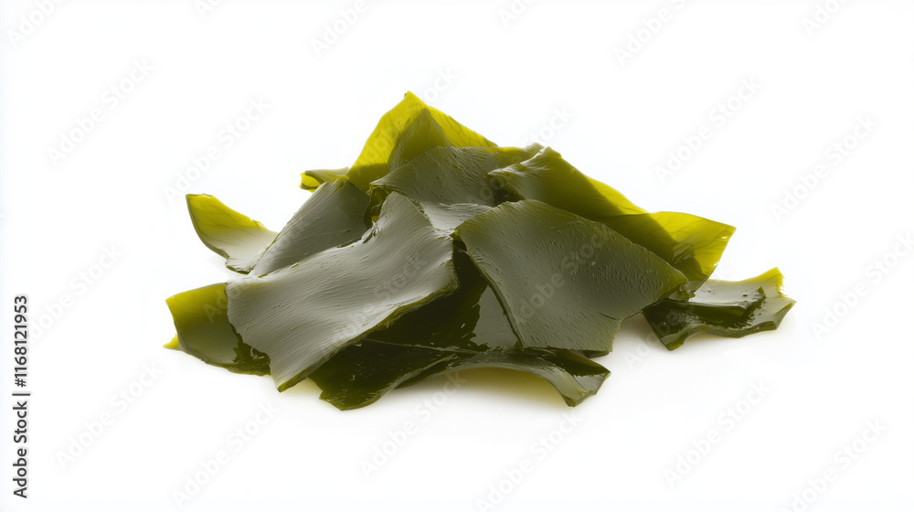 Fototapeta premium Seaweed Delight: A close-up view of a heap of fresh, vibrant green seaweed, showcasing its natural texture and delicate, translucent quality. 