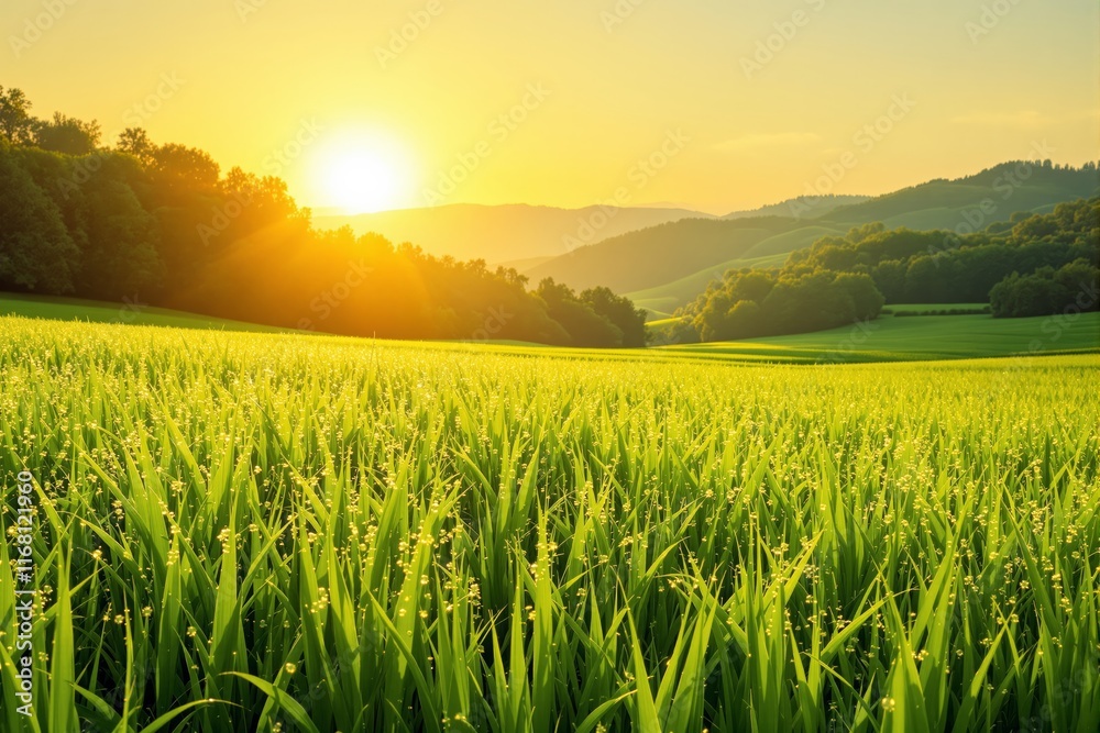 Scenic field of green grass under a glowing sunrise, framed by distant hills and trees in soft light. Concept of nature, serenity, and morning tranquility. Ai generative Scenic field of green grass under a glowing sunrise, framed by distant hills and trees in soft light. Concept of nature, serenity, and morning tranquility. Ai generative