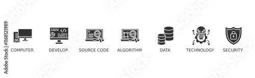 Programming banner web icon vector illustration concept with icon of computer, develop, source code, algorithm, data, technology and security