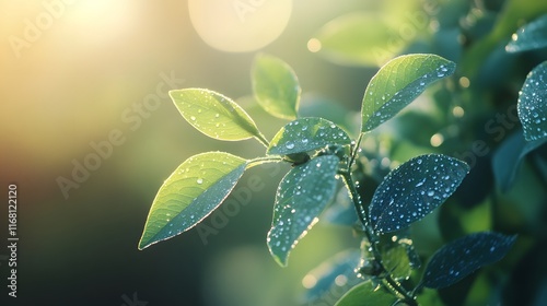 Dewdrops glistening on vibrant green leaves bathed in sunlight