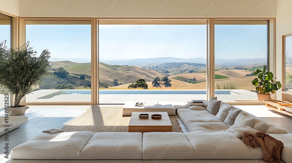 Fototapeta premium Modern living room with scenic view countryside interior design