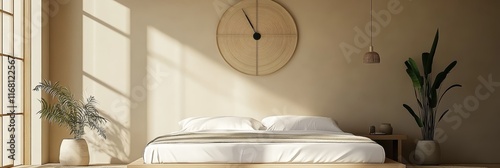 Minimalist bedroom, sunlit interior, white bedding, wooden bed frame, large round wall clock, potted palm plant, natural light, shadow patterns, beige tones, zen atmosphere, Japanese-inspired design, 