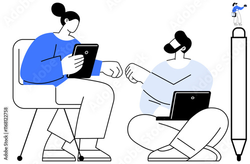 Two colleagues with tablets fist bump while brainstorming ideas. Woman sitting on chair, man on floor with laptop. Ideal for teamwork, communication, innovation, creativity, productivity