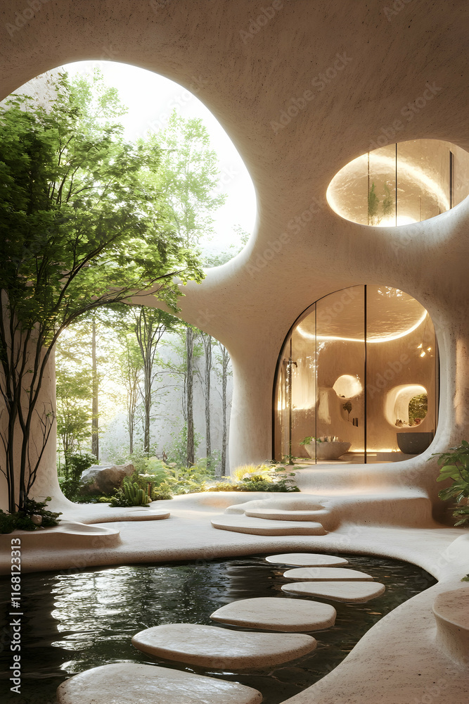 Fototapeta premium Serene Sanctuary: A Modern Oasis Blending Nature and Architecture