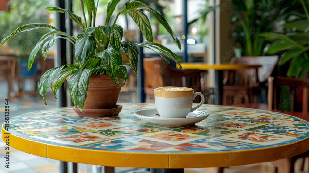 Fototapeta premium Cozy Cafe Setting with Decorative Table and Plant Emphasizing Relaxation and Warmth in a Bright Environment