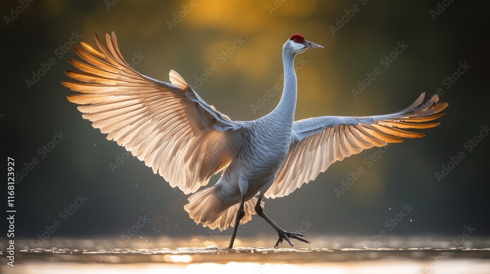 Fototapeta premium Sandhill crane in golden sunrise, wings outstretched, dancing on water.