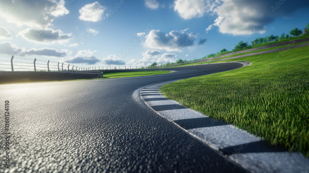 Fototapeta premium winding race track surrounded by lush green grass under bright blue sky, showcasing scenic view of road and vibrant clouds