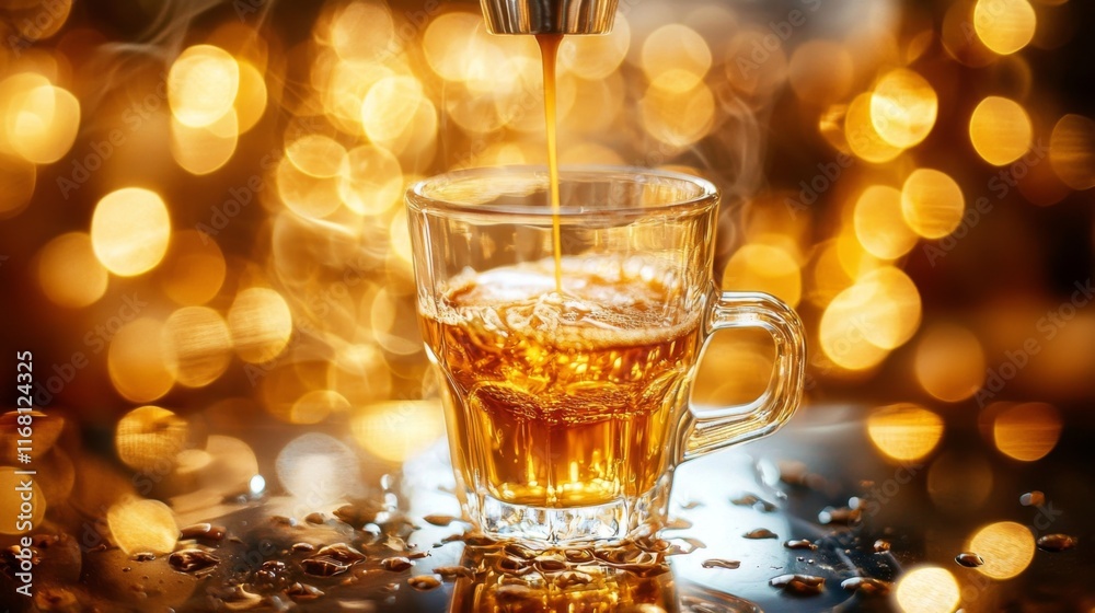 Warm Beverage Poured into Glass Cup in Front of Golden Bokeh Background with Gentle Steam Rising and Cozy Atmosphere Warm Beverage Poured into Glass Cup in Front of Golden Bokeh Background with Gentle Steam Rising and Cozy Atmosphere