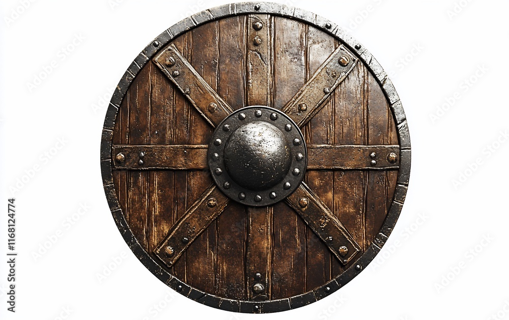 Naklejka premium Old weathered wood shield with metal reinforcement and center.