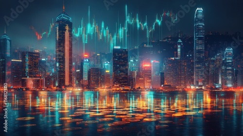 Wallpaper Mural Vibrant city skyline with financial data overlays on water Torontodigital.ca