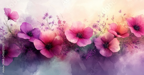 Watercolor floral design in pink lavender green wildflowers for wedding invitations greeting cards decoration