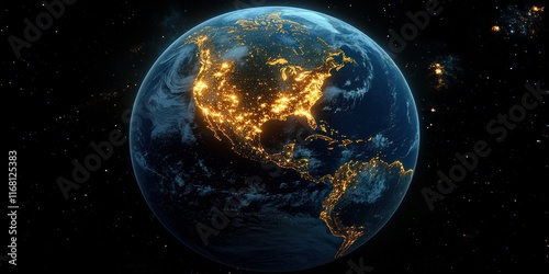 Earth from Space Illustration USA Night Lights Global Connectivity Network Communication Technology