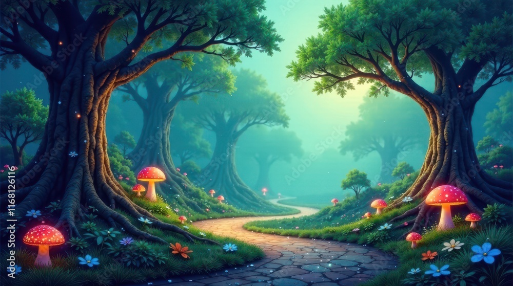 Obraz premium Enchanted Forest Path A Mystical Journey Through a Dreamlike Woodscape with Luminous Mushrooms and Blossoming Flora