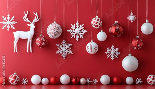 Christmas Background with Red and White Ornaments and Snowflakes

 photo