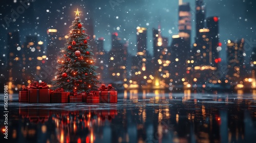 Christmas tree with gifts and blurry city skyline in the background photo