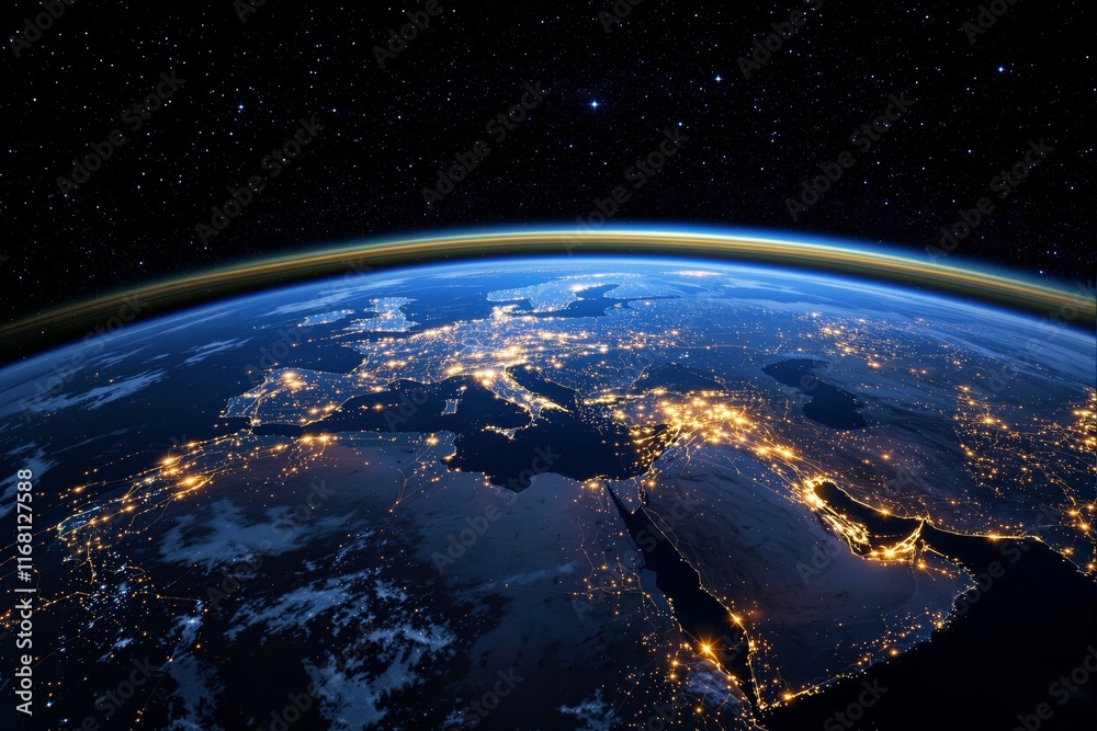 Earth's illuminated cities and continents seen from space, under a starry sky, with glowing atmosphere. Concept of global connectivity and technology. Ai generative Earth's illuminated cities and continents seen from space, under a starry sky, with glowing atmosphere. Concept of global connectivity and technology. Ai generative