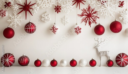 Christmas Background with Red and White Ornaments and Snowflakes

 photo