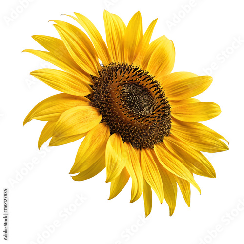 Close-up of a vibrant yellow sunflower with detailed petals and center, isolated on a white background, symbol of summer
