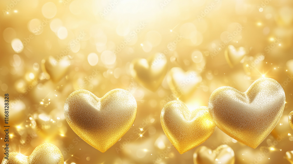 Fototapeta premium A shimmering gold background with embossed heart patterns reflecting light, offering a glamorous and festive Valentine's Day setting.