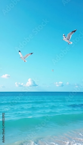 Blue striped background with a few seagulls flying in the sky, scenery, ocean