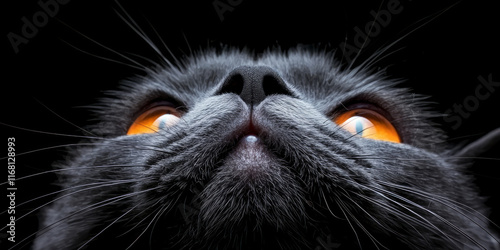 A black cat's face with orange eyes, looking up, generative AI