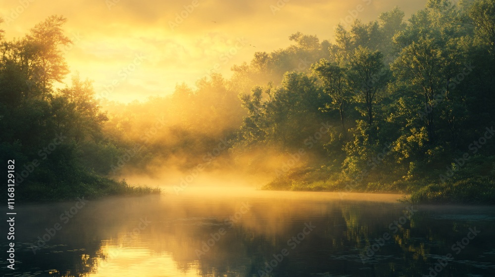 Fototapeta premium Misty sunrise over calm river in lush green forest.