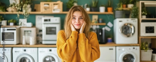 A person feeling excited after purchasing energyefficient home appliances during Green Monday s sustainable deals, helping the environment through mindful buying photo