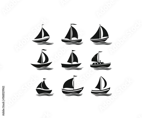 Print Set of boats setting sail in the sea sailboat silhouettes vector illustration
