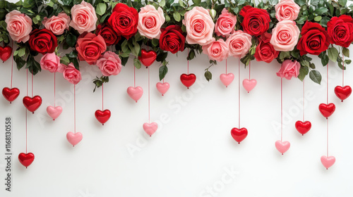 Beautiful arrangement of red and pink roses with hanging hearts, perfect for romantic occasions and celebrations. This floral display creates warm and loving atmosphere