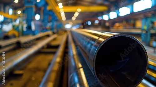 A high-resolution close-up of a polished carbon steel 'L'-shaped tube with sharp edges and a smooth finish, set against an active construction site with blurred industrial machinery in the background