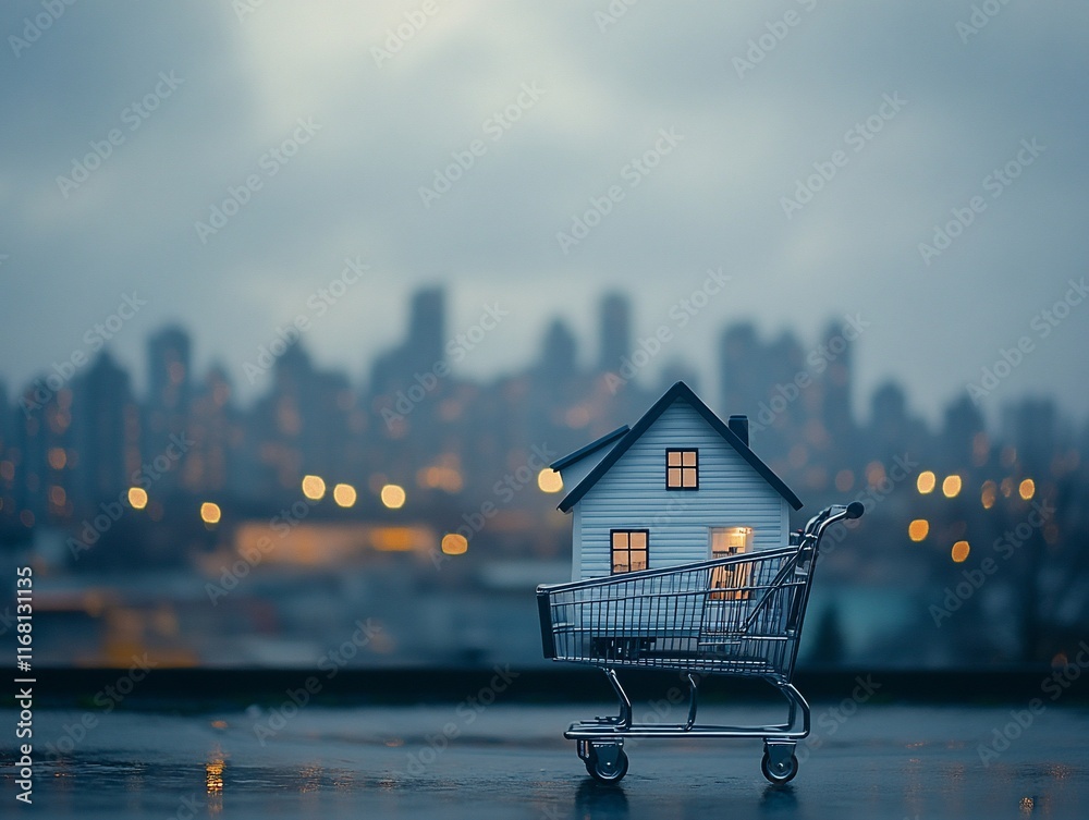 Miniature house in shopping cart against city backdrop. (1) Miniature house in shopping cart against city backdrop. (1)