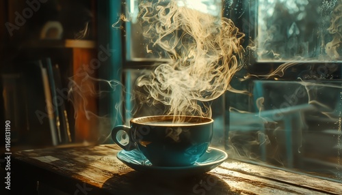 A steaming cup coffee with swirls smoke rising in a comforting morning ritual. photo