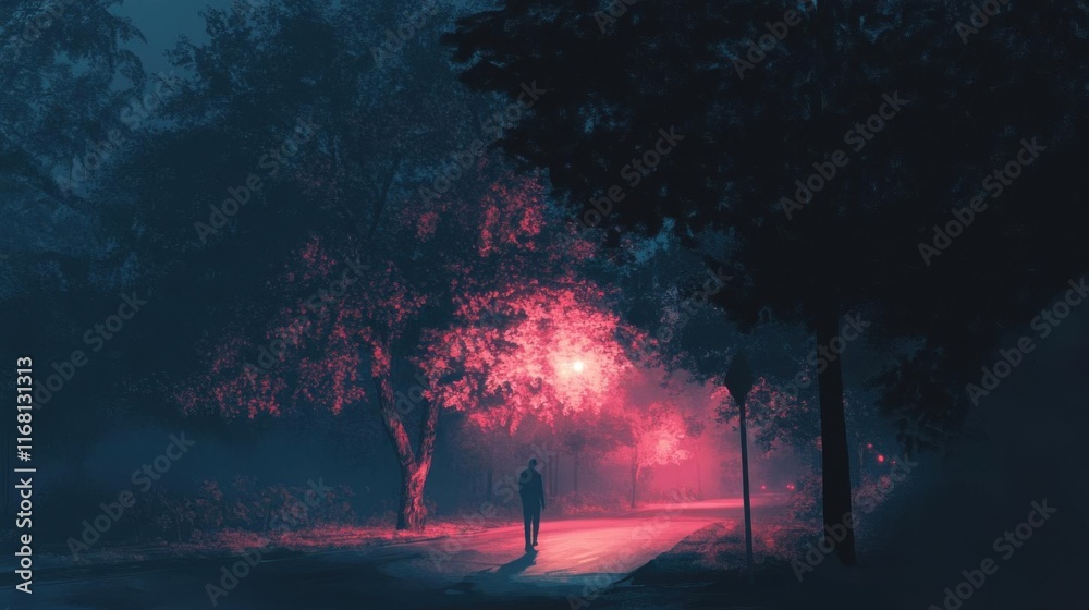 Fototapeta premium Night Stroll, Pink Mist, Silhouette, Trees