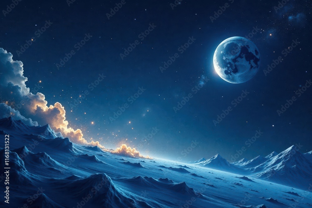 Celestial Snowscape A Dreamlike Night on a Frozen Planet Under a Giant Moon