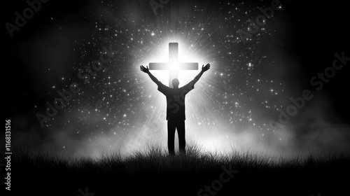 Worship God concept: Silhouette christian people hand rising over blurred cross on spiritual light background