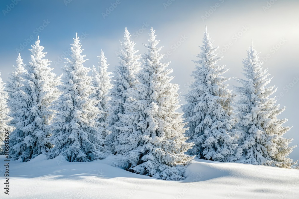 Fototapeta premium Snow-covered fir trees stand majestically in a winter wonderland under a bright blue sky.