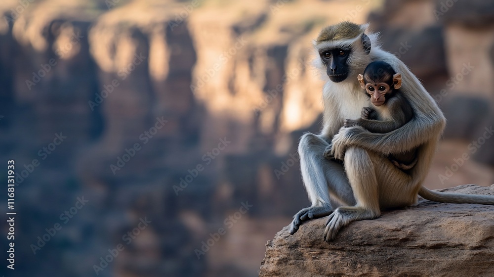 Obraz premium Mother monkey cradles her baby on a rock overlooking a canyon.