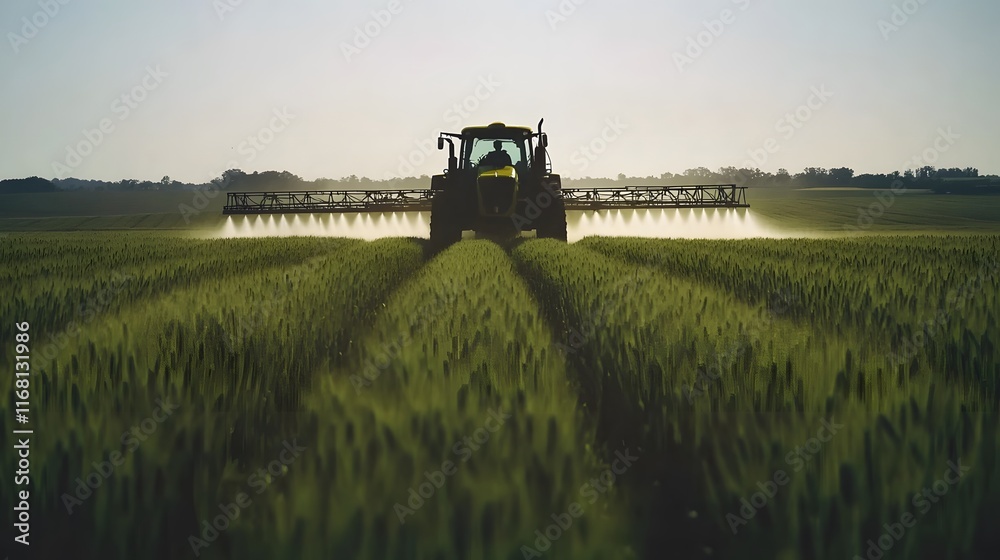 Naklejka premium Tractor Spraying Pesticide Across Lush Green Wheat Field